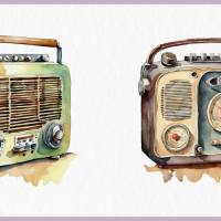 Vintage Radios Clipart Bundle - 12x PNG Bilder Transparenter Hintergrund - Aquarell gemaltes Retro Radio Bild 10