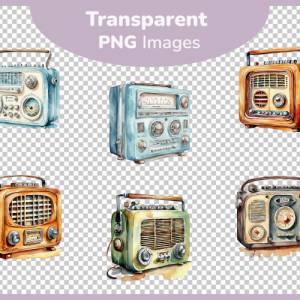 Vintage Radios Clipart Bundle - 12x PNG Bilder Transparenter Hintergrund - Aquarell gemaltes Retro Radio Bild 3