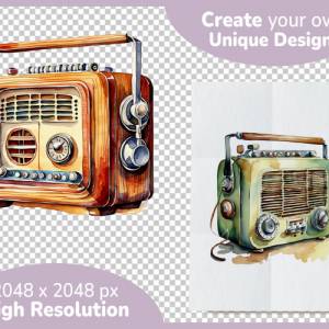 Vintage Radios Clipart Bundle - 12x PNG Bilder Transparenter Hintergrund - Aquarell gemaltes Retro Radio Bild 4