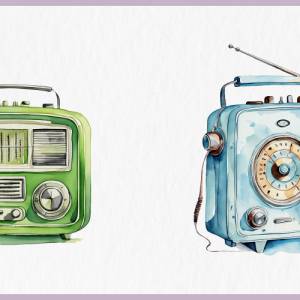 Vintage Radios Clipart Bundle - 12x PNG Bilder Transparenter Hintergrund - Aquarell gemaltes Retro Radio Bild 7