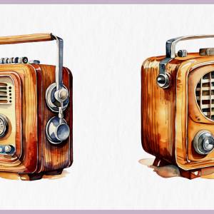 Vintage Radios Clipart Bundle - 12x PNG Bilder Transparenter Hintergrund - Aquarell gemaltes Retro Radio Bild 9