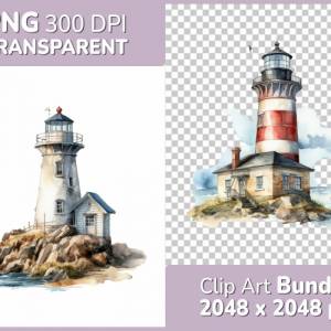 Leuchtturm Clipart Bundle - 8x PNG Bilder Transparenter Hintergrund, Aquarell gemalte Leuchttürme - Freigestellte Grafik Bild 1