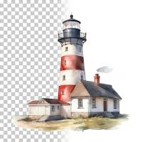 Leuchtturm Clipart Bundle - 8x PNG Bilder Transparenter Hintergrund, Aquarell gemalte Leuchttürme - Freigestellte Grafik Bild 10