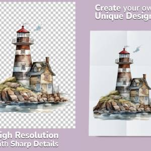 Leuchtturm Clipart Bundle - 8x PNG Bilder Transparenter Hintergrund, Aquarell gemalte Leuchttürme - Freigestellte Grafik Bild 2