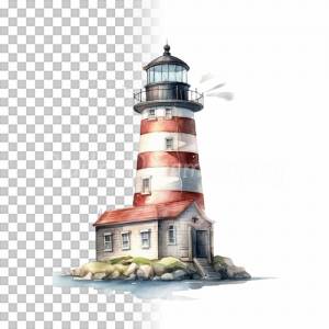 Leuchtturm Clipart Bundle - 8x PNG Bilder Transparenter Hintergrund, Aquarell gemalte Leuchttürme - Freigestellte Grafik Bild 4