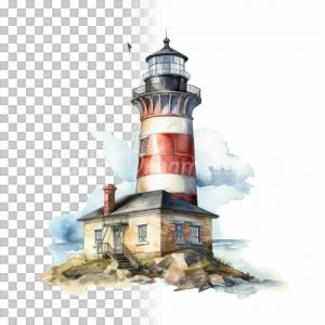 Leuchtturm Clipart Bundle - 8x PNG Bilder Transparenter Hintergrund, Aquarell gemalte Leuchttürme - Freigestellte Grafik Bild 5