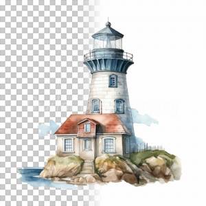 Leuchtturm Clipart Bundle - 8x PNG Bilder Transparenter Hintergrund, Aquarell gemalte Leuchttürme - Freigestellte Grafik Bild 9