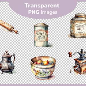 Retro Küchen Utensilien Clipart Bundle - 12x PNG Bilder Transparenter Hintergrund - Aquarell gemalte Vintage Küche Bild 3