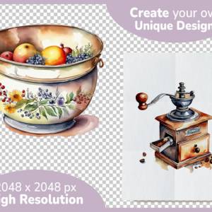 Retro Küchen Utensilien Clipart Bundle - 12x PNG Bilder Transparenter Hintergrund - Aquarell gemalte Vintage Küche Bild 4