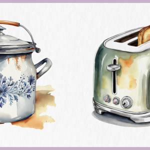 Retro Küchen Utensilien Clipart Bundle - 12x PNG Bilder Transparenter Hintergrund - Aquarell gemalte Vintage Küche Bild 7