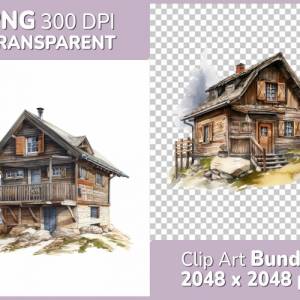 Almhütte Clipart Bundle - 8x PNG Bilder Transparenter Hintergrund - Aquarell gemalte Berghaus - Freigestellte Grafik Bild 1