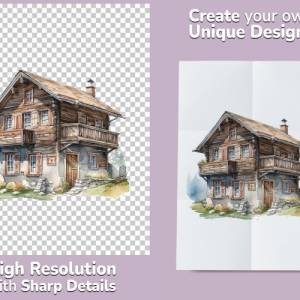 Almhütte Clipart Bundle - 8x PNG Bilder Transparenter Hintergrund - Aquarell gemalte Berghaus - Freigestellte Grafik Bild 2