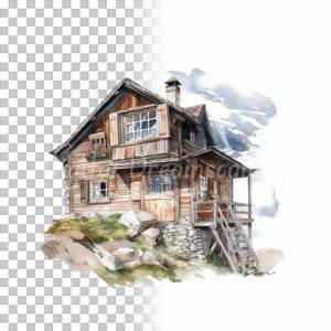 Almhütte Clipart Bundle - 8x PNG Bilder Transparenter Hintergrund - Aquarell gemalte Berghaus - Freigestellte Grafik Bild 3
