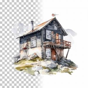 Almhütte Clipart Bundle - 8x PNG Bilder Transparenter Hintergrund - Aquarell gemalte Berghaus - Freigestellte Grafik Bild 5
