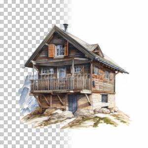 Almhütte Clipart Bundle - 8x PNG Bilder Transparenter Hintergrund - Aquarell gemalte Berghaus - Freigestellte Grafik Bild 6