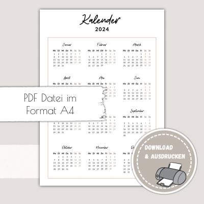 Kalender 2024 zum Ausdrucken A4 | Plan, Kalender&Listen Printables, Kalender Jahresansicht