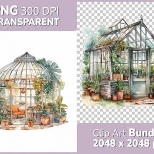 Gewächshaus Clipart Bundle, 8x PNG Bilder Transparenter Hintergrund, Aquarell gemalte Gewächshäuser & Gartenhäuser Bild 1