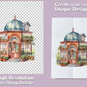 Gewächshaus Clipart Bundle, 8x PNG Bilder Transparenter Hintergrund, Aquarell gemalte Gewächshäuser & Gartenhäuser Bild 2