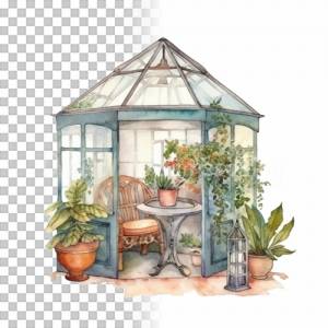 Gewächshaus Clipart Bundle, 8x PNG Bilder Transparenter Hintergrund, Aquarell gemalte Gewächshäuser & Gartenhäuser Bild 5