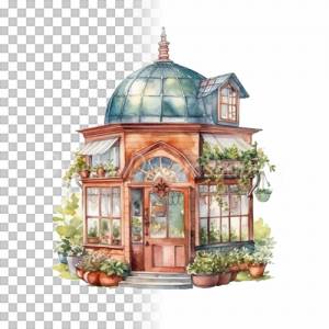 Gewächshaus Clipart Bundle, 8x PNG Bilder Transparenter Hintergrund, Aquarell gemalte Gewächshäuser & Gartenhäuser Bild 7