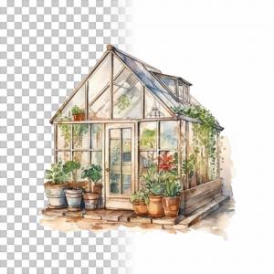 Gewächshaus Clipart Bundle, 8x PNG Bilder Transparenter Hintergrund, Aquarell gemalte Gewächshäuser & Gartenhäuser Bild 8