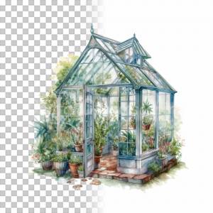 Gewächshaus Clipart Bundle, 8x PNG Bilder Transparenter Hintergrund, Aquarell gemalte Gewächshäuser & Gartenhäuser Bild 9