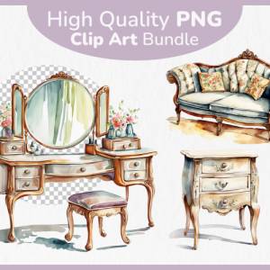 Alte Vintage Möbel Clipart Bundle - 12x PNG Bilder Transparenter Hintergrund - Aquarell gemalte Retro Mobiliar Bild 1