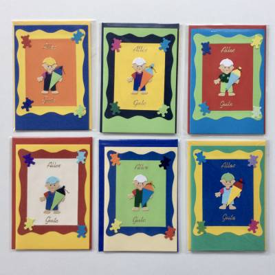 Glückwunschkarte Schulanfang, Einschulung, Jungen, Klappkarte 10,5 cm x 14,8 cm mit farblich passendem Umschlag