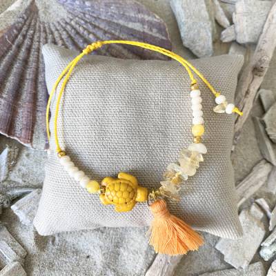 Armband „Schildkröte“ - Perlen-Armband mit Schildkröte, Quaste, Rocailles und Citrin-Splittern in orange