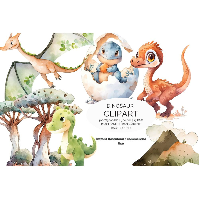 13 digital Dinosaur PNG Watercolor Clipart Bundle, Sublimation,Commercial License