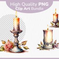 Verzierte Vintage Kerzen Clipart Bundle - 12x PNG Bilder Transparenter Hintergrund - Aquarell gemalte Retro Kerze Bild 1