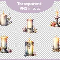 Verzierte Vintage Kerzen Clipart Bundle - 12x PNG Bilder Transparenter Hintergrund - Aquarell gemalte Retro Kerze Bild 3