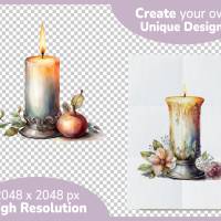 Verzierte Vintage Kerzen Clipart Bundle - 12x PNG Bilder Transparenter Hintergrund - Aquarell gemalte Retro Kerze Bild 4
