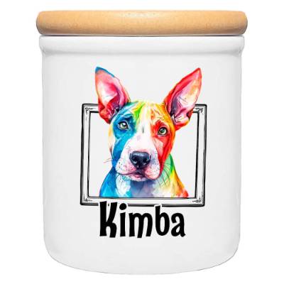 Keramik Leckerlidose BULLTERRIER mit bunter Hunde-Silhouette - personalisiert mit Name
