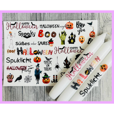 Kerzentattoo HAPPY HALLOWEEN, A5, bunt, Wasserschiebefolie, Kerzenfolie, Kerzensticker