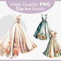 Vintage Blumenkleider Clipart Bundle - 12x PNG Bilder Transparenter Hintergrund - Aquarell gemalte Retro Kleider Bild 1
