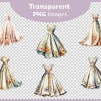 Vintage Blumenkleider Clipart Bundle - 12x PNG Bilder Transparenter Hintergrund - Aquarell gemalte Retro Kleider Bild 3