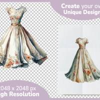 Vintage Blumenkleider Clipart Bundle - 12x PNG Bilder Transparenter Hintergrund - Aquarell gemalte Retro Kleider Bild 4