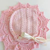 Babymütze aus rosa Baumwolle gehäkelt, mit Satinband, ca.6-9 Monate Bild 1