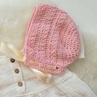 Babymütze aus rosa Baumwolle gehäkelt, mit Satinband, ca.6-9 Monate Bild 3
