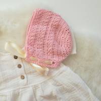 Babymütze aus rosa Baumwolle gehäkelt, mit Satinband, ca.6-9 Monate Bild 4