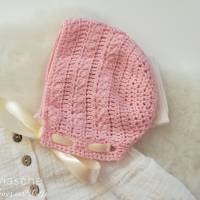 Babymütze aus rosa Baumwolle gehäkelt, mit Satinband, ca.6-9 Monate Bild 6