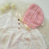 Babymütze aus rosa Baumwolle gehäkelt, mit Satinband, ca.6-9 Monate Bild 7