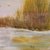Aquarell, DIN A4 "Flußufer im Herbst", original & signiert Bild 5