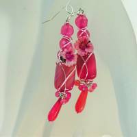 Lange Ohrringe handgefertigt Blüten an pink Achat fuchsia rosa Rechteck in wirework rosa Bild 5