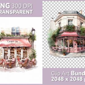 Pariser Kaffee Clipart Bundle, 8x PNG Bilder Transparenter Hintergrund, Aquarell gemalte Kaffees & Restaurants Bild 1