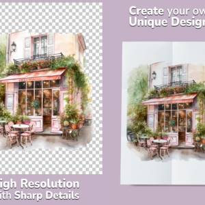 Pariser Kaffee Clipart Bundle, 8x PNG Bilder Transparenter Hintergrund, Aquarell gemalte Kaffees & Restaurants Bild 2