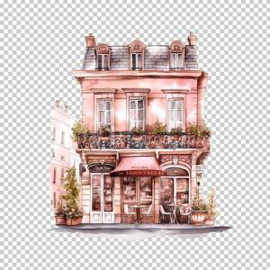 Pariser Kaffee Clipart Bundle, 8x PNG Bilder Transparenter Hintergrund, Aquarell gemalte Kaffees & Restaurants Bild 4