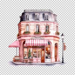 Pariser Kaffee Clipart Bundle, 8x PNG Bilder Transparenter Hintergrund, Aquarell gemalte Kaffees & Restaurants Bild 7