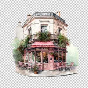 Pariser Kaffee Clipart Bundle, 8x PNG Bilder Transparenter Hintergrund, Aquarell gemalte Kaffees & Restaurants Bild 8